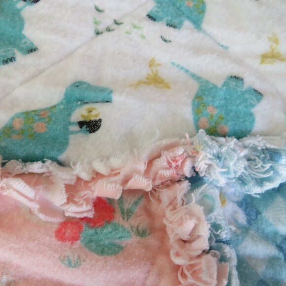 Flannel Rag Quilt 49 x 45 with Batting, Floral Dinosaur Scrappy Style Rag Quilt - Picture 3 of 11